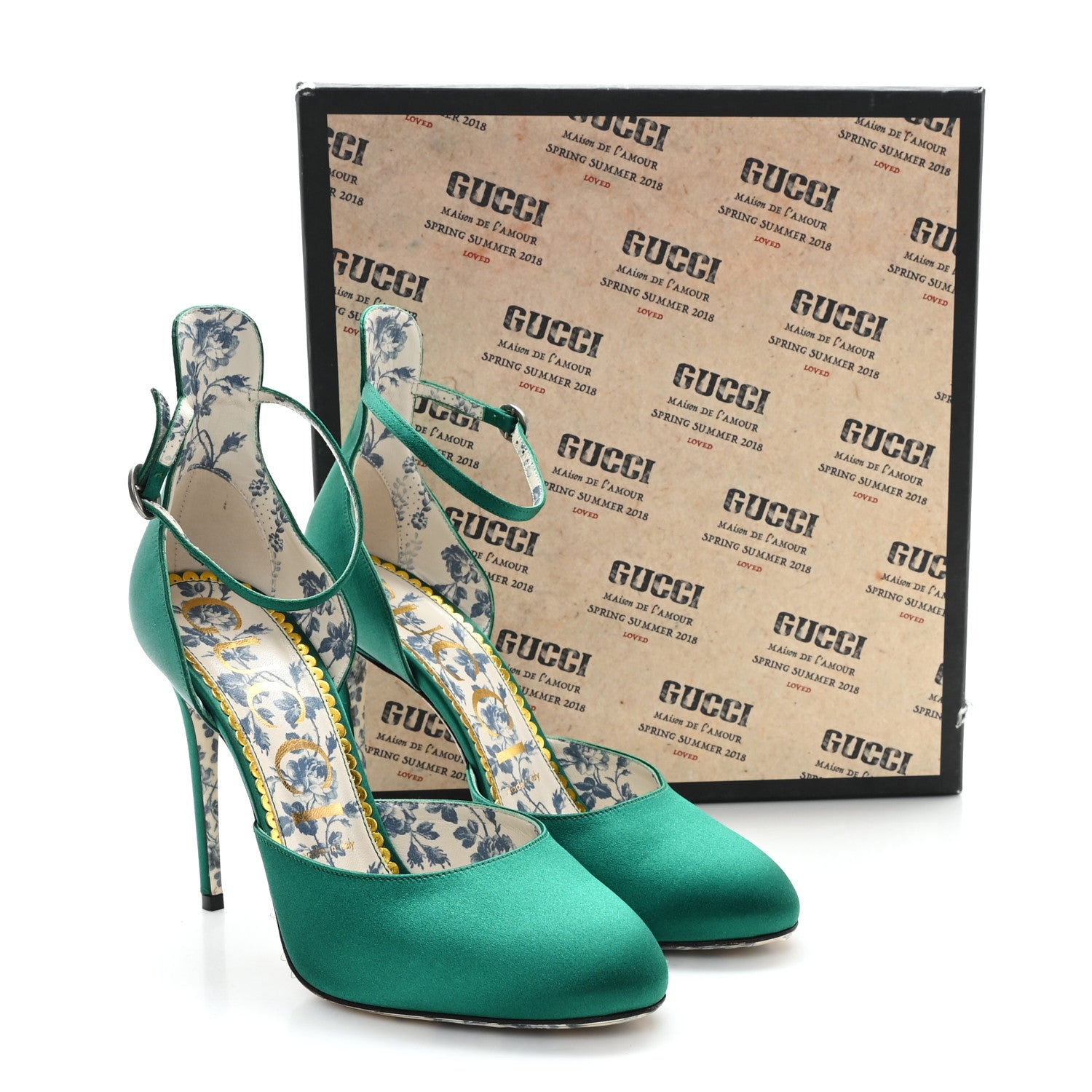 Gucci Satin Daisy Ankle Strap d'Orsay 105 Pumps 39 Emerald Green 9 of 9
