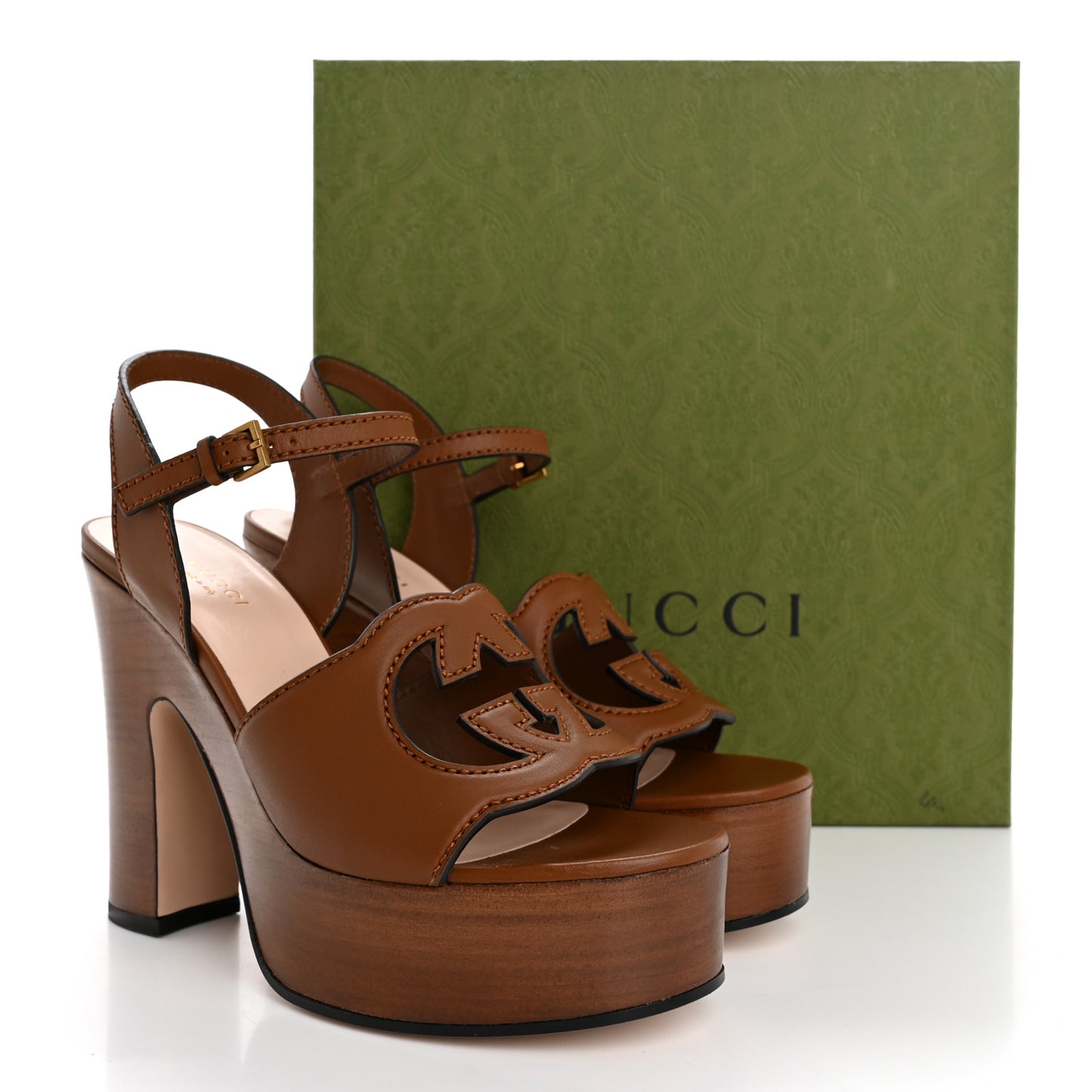 Cosmos Softy Calfskin Wooden Interlocking G Cut-Out 30/120mm Platform Sandals 37.5 Cuir