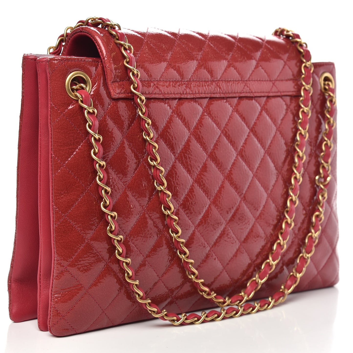 Patent Goatskin Quilted 3 Pocket Accordion Flap Red