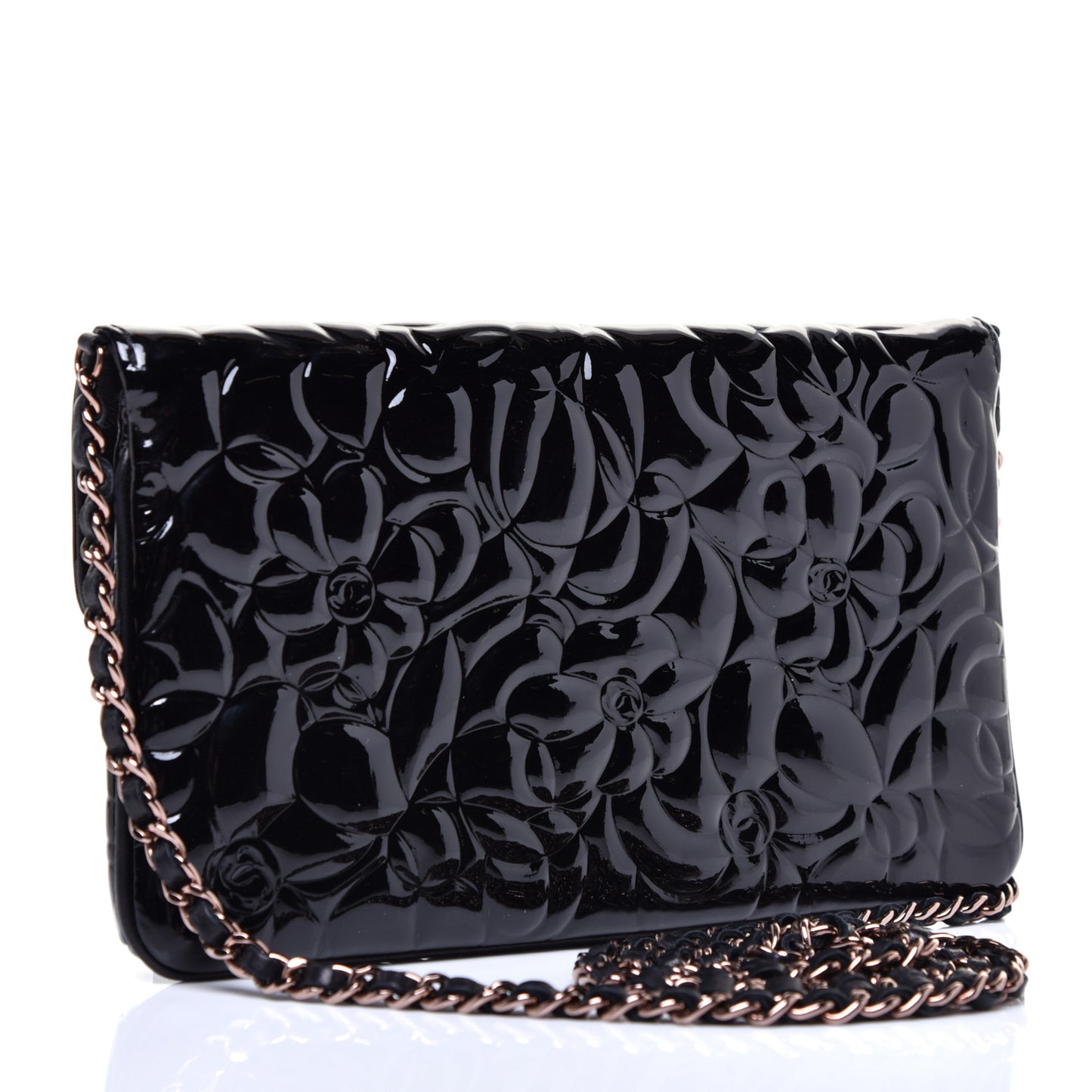 Patent Camellia Embossed Mini Flap Black