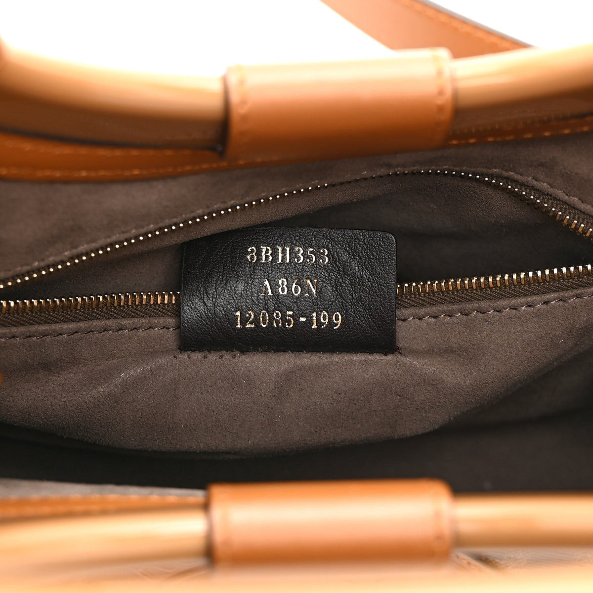 Fendi Glazed Fabric Vitello Century Plexiglass FF 1974 Stamp Patch Small Runaway Shopper Tote Mogano Panna Nocciola 7 of 11