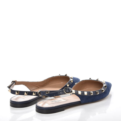 Valentino Garavani Suede Nappa Rockstud Slingback Flats 37 Marine 4 of 8
