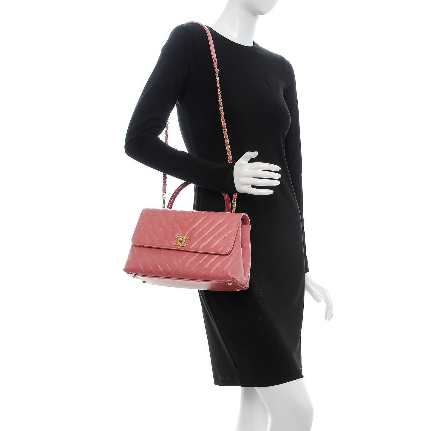Calfskin Lizard Chevron Quilted Small Coco Handle Flap Pink