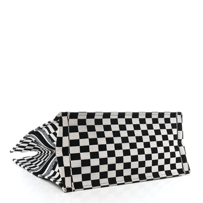 Christian Dior Canvas Embroidered Checkered Book Tote Black White 4 of 11
