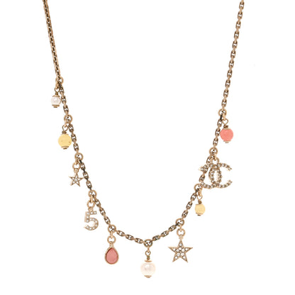 Chanel Metal Resin Pearl Crystal 5 CC Charm Necklace Gold Pink White 1 of 5