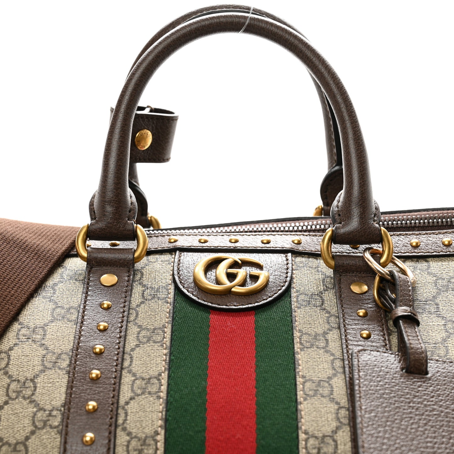 GG Supreme Monogram Textured Dollar Calfskin Web Studded Large Savoy Duffle Bag Beige Ebony
