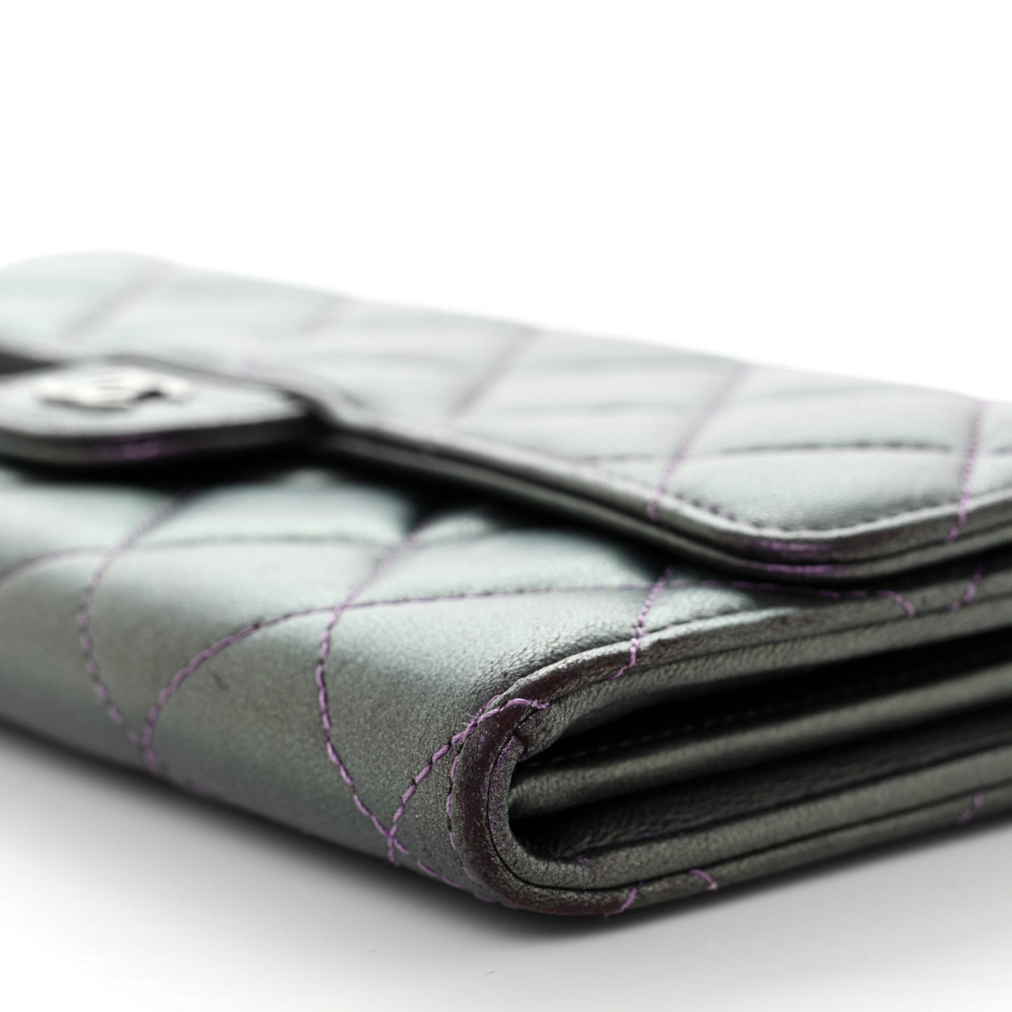 Iridescent Lambskin Quilted Large Gusset Flap Wallet Purple