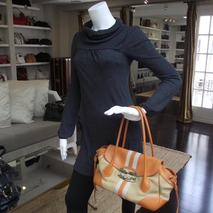 Prada Straw Leather Antic Easy Foldover Pushlock Satchel Orange 2 of 11