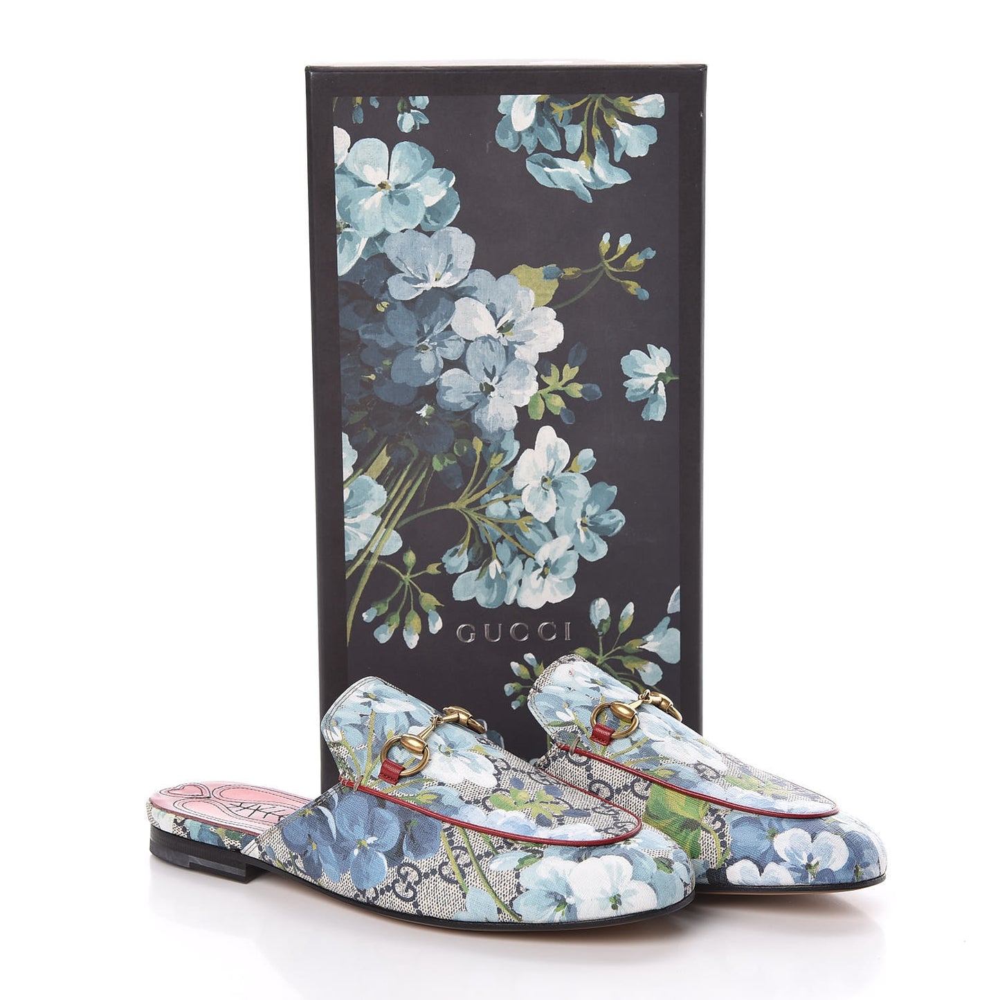 GG Supreme Monogram Blooms Womens Princetown Slippers 36.5 Beige Blue Navy Hibiscus Red