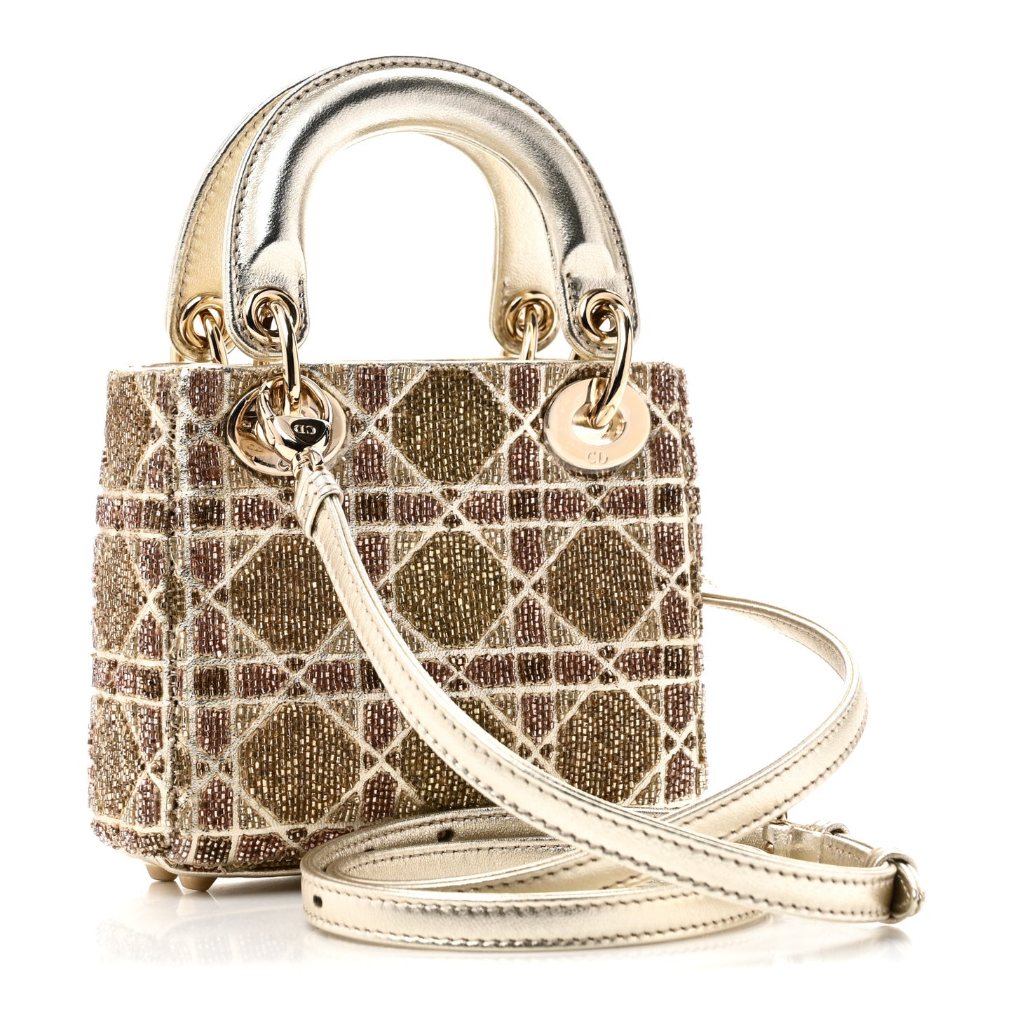 Metallic Lambskin Cannage Beaded Embroidered Micro Lady Dior Gold