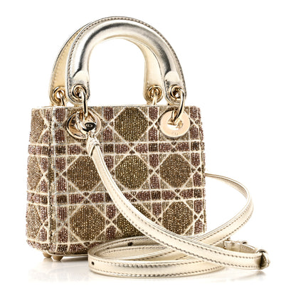 Christian Dior Metallic Lambskin Cannage Beaded Embroidered Micro Lady Dior Gold 3 of 14