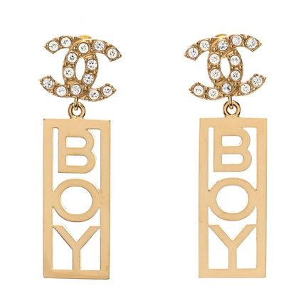 Chanel Metal Crystal CC Boy Drop Earrings Gold 1 of 4