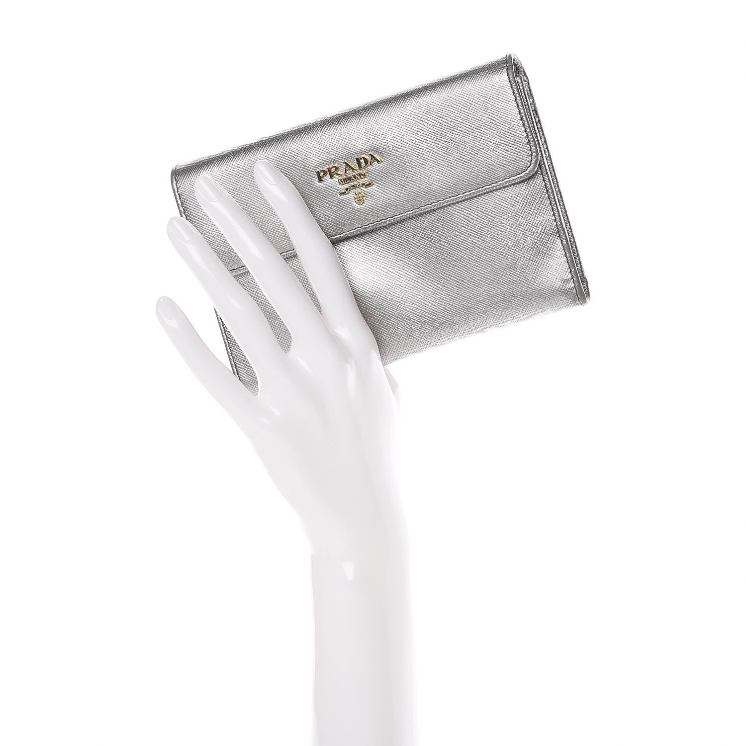 Prada Metallic Saffiano French Flap Compact Wallet Silver 2 of 15