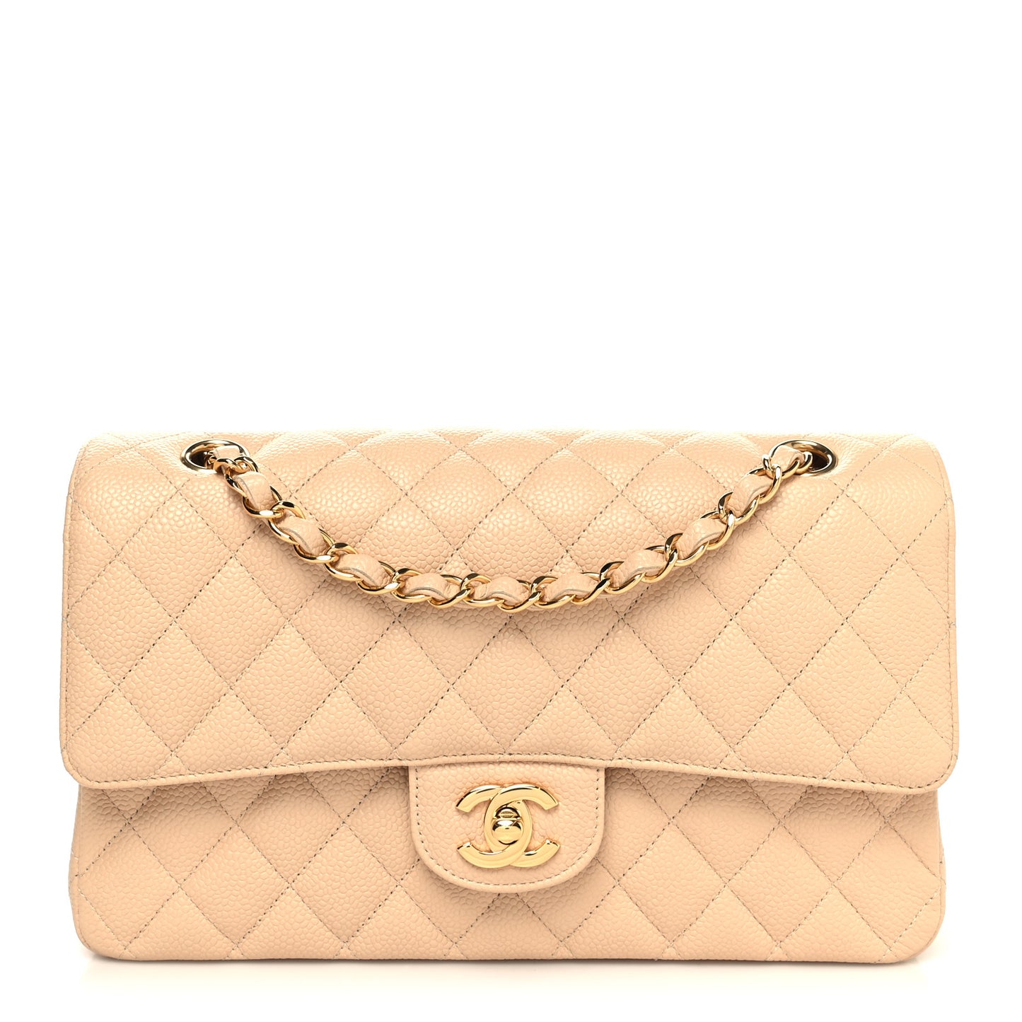Caviar Quilted Medium Double Flap Beige