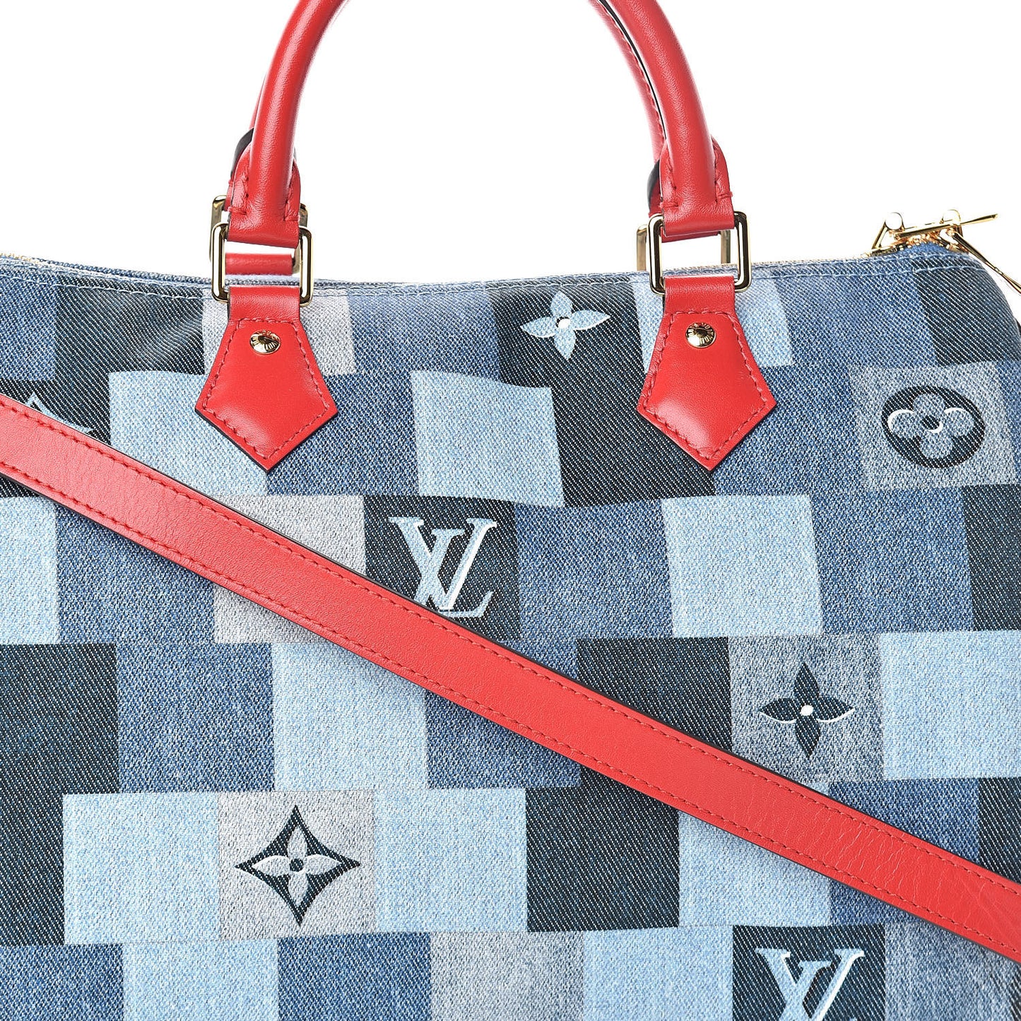 Denim Damier Monogram Patchwork Speedy Bandouliere 30 Blue Rouge