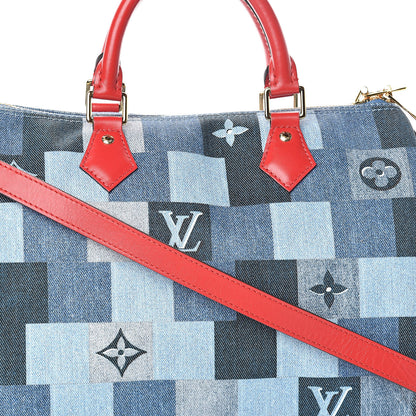 Louis Vuitton Denim Damier Monogram Patchwork Speedy Bandouliere 30 Blue Rouge 9 of 11