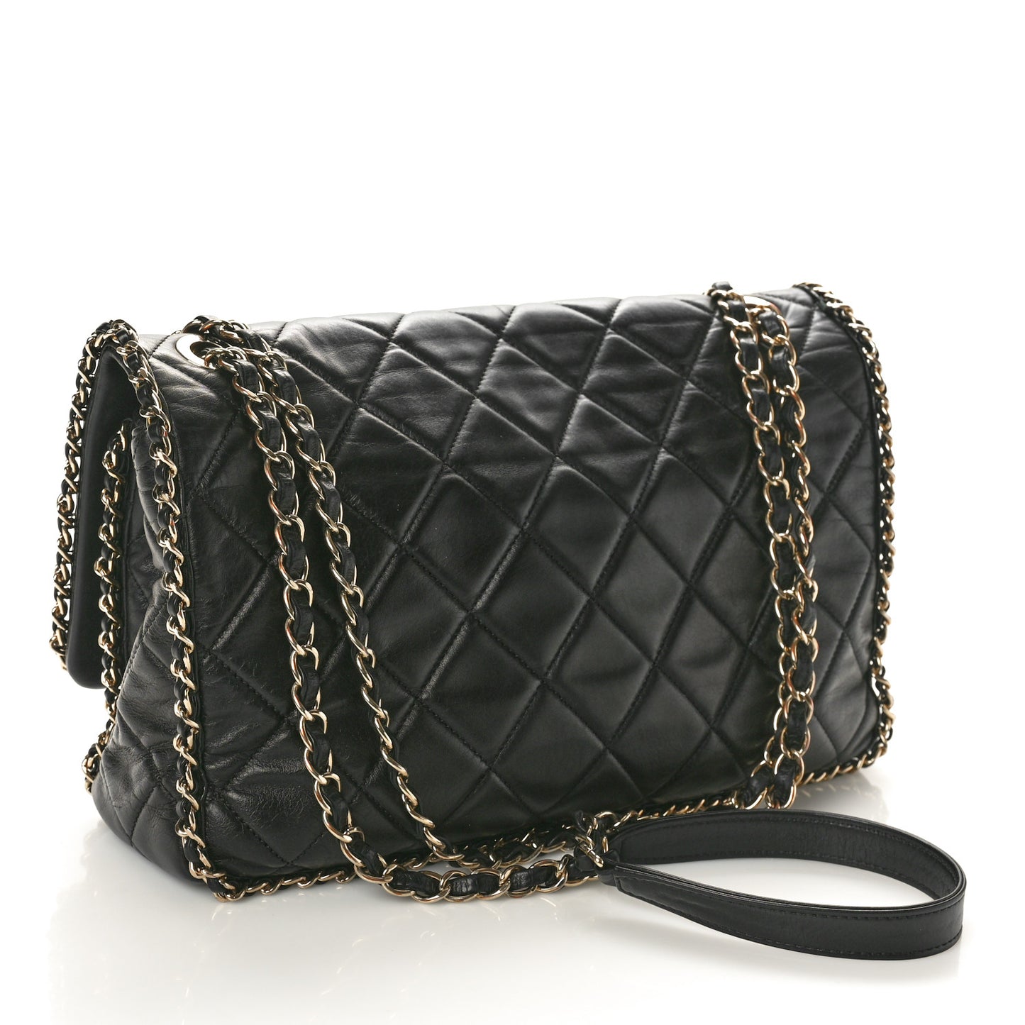 Crumpled Calfskin Quilted Large Chain All Over Flap Bag Black