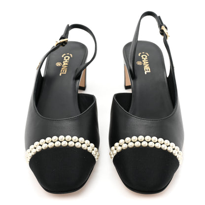 Chanel Lambskin Grosgrain Pearl Cap Toe CC Slingback Pumps 38 Black 2 of 9
