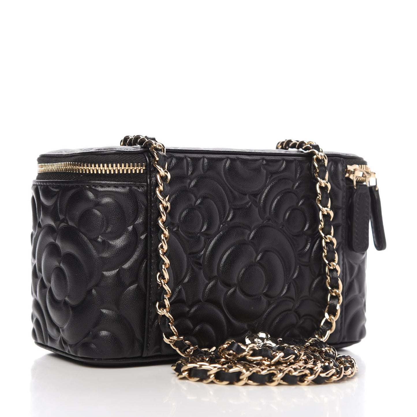 Lambskin Camellia Embossed Small Vanity Case With Chain Black