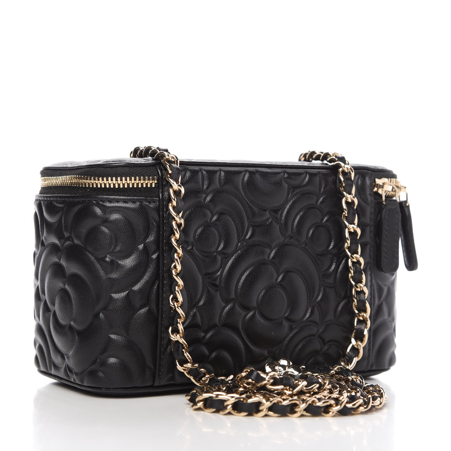 Chanel Lambskin Camellia Embossed Small Vanity Case With Chain Black 3 of 11