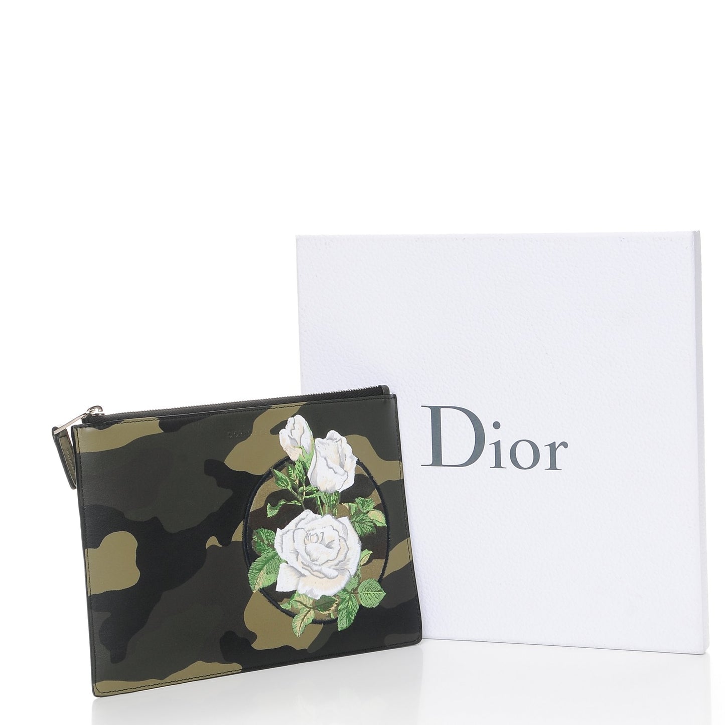 HOMME Coated Canvas Embroidered Camoflage Flat Pouch Green White
