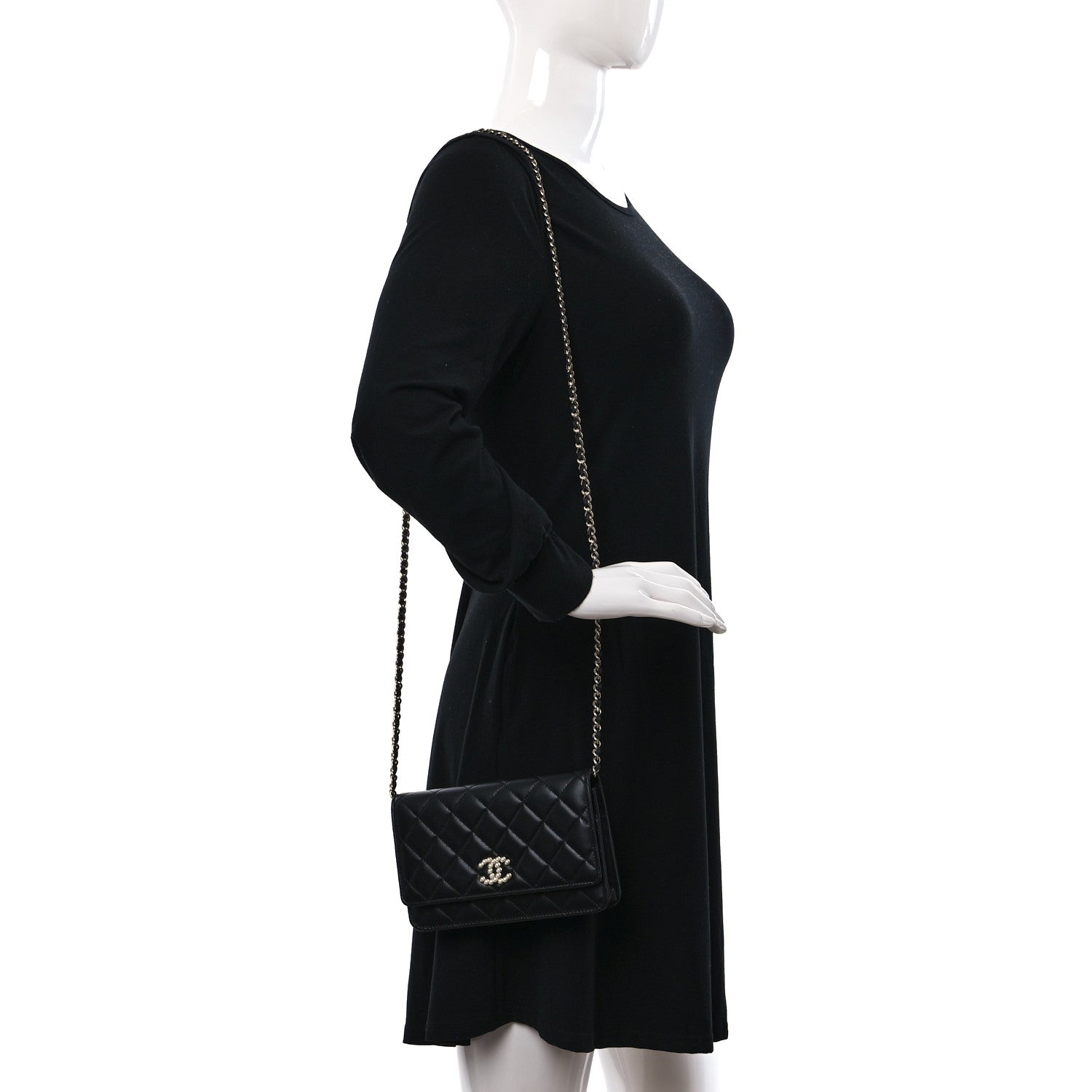 Chanel Lambskin Quilted Pearl CC Wallet on Chain WOC Black 2 of 12