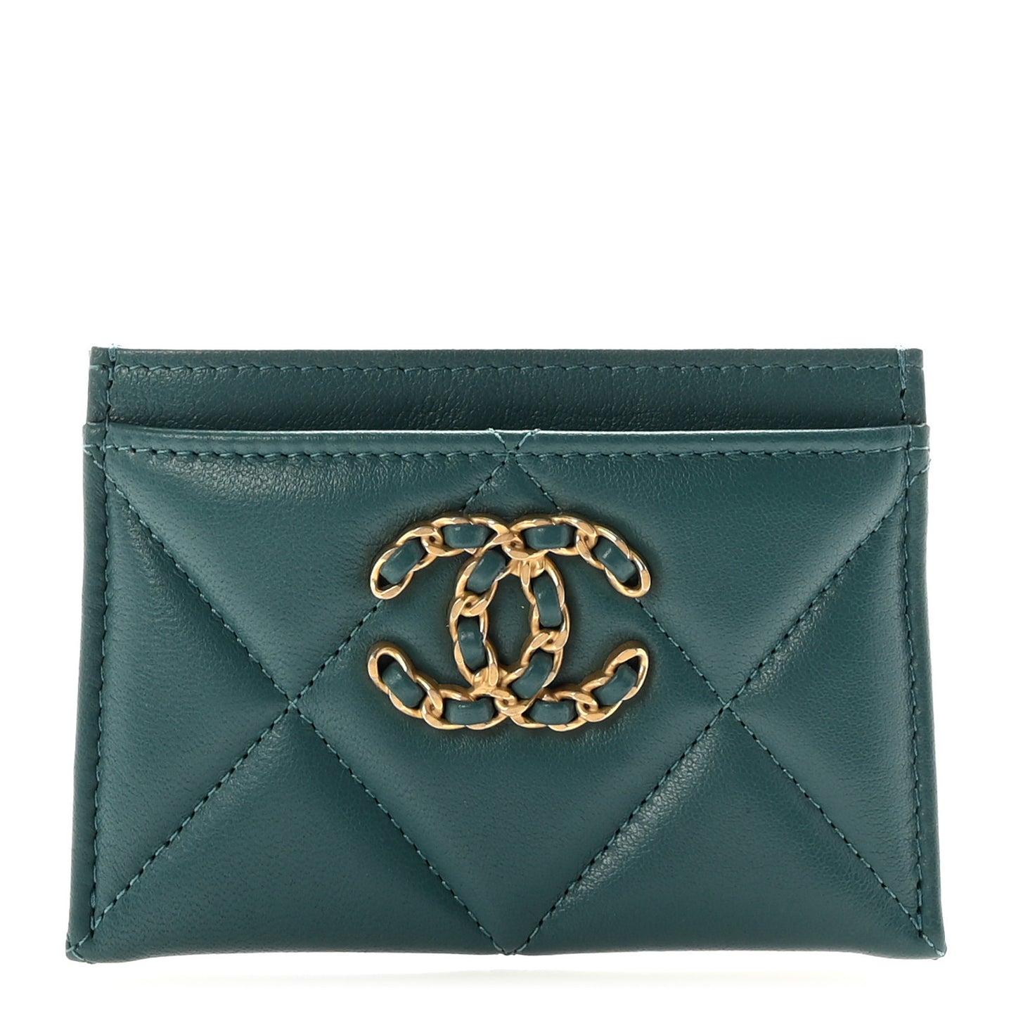 Lambskin Quilted Chanel 19 Card Holder Dark Green