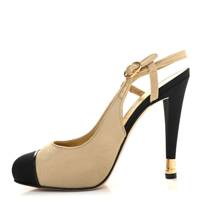 Chanel Grosgrain Cap Toe CC Slingback Pumps 38.5 Black Gold 1 of 18