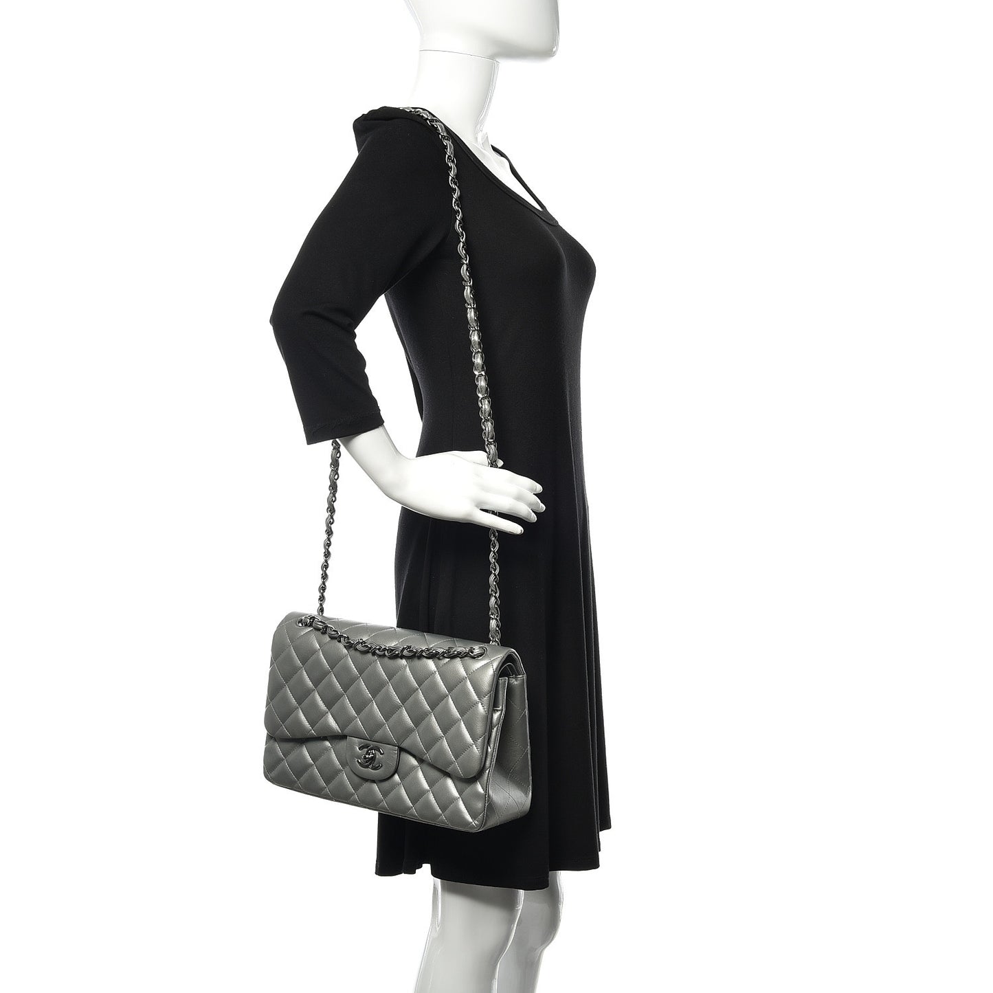 Metallic Calfskin Quilted Jumbo Double Flap Silver