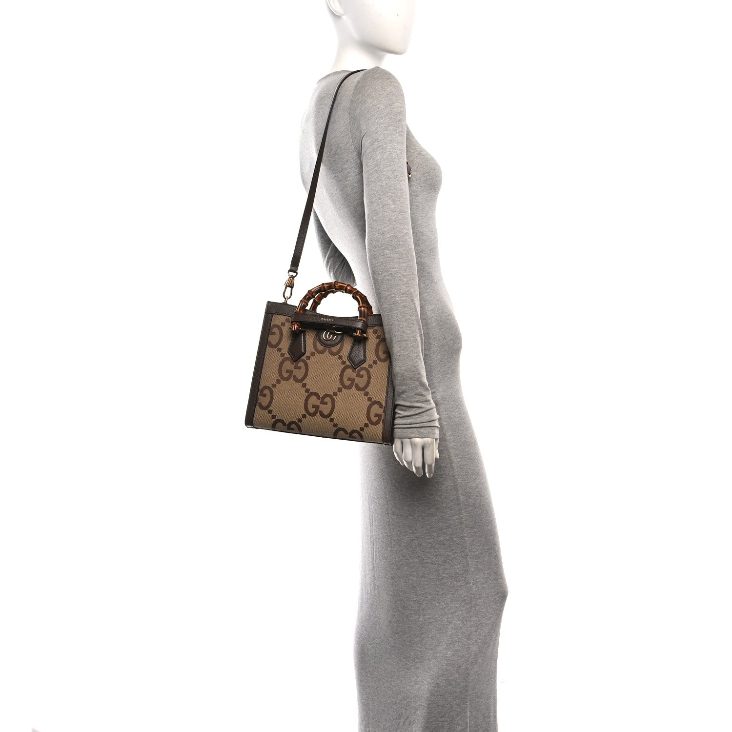 Gucci Monogram Jumbo GG Textured Dollar Calfskin Small Diana Tote Bag Camel Ebony New Acero 2 of 11