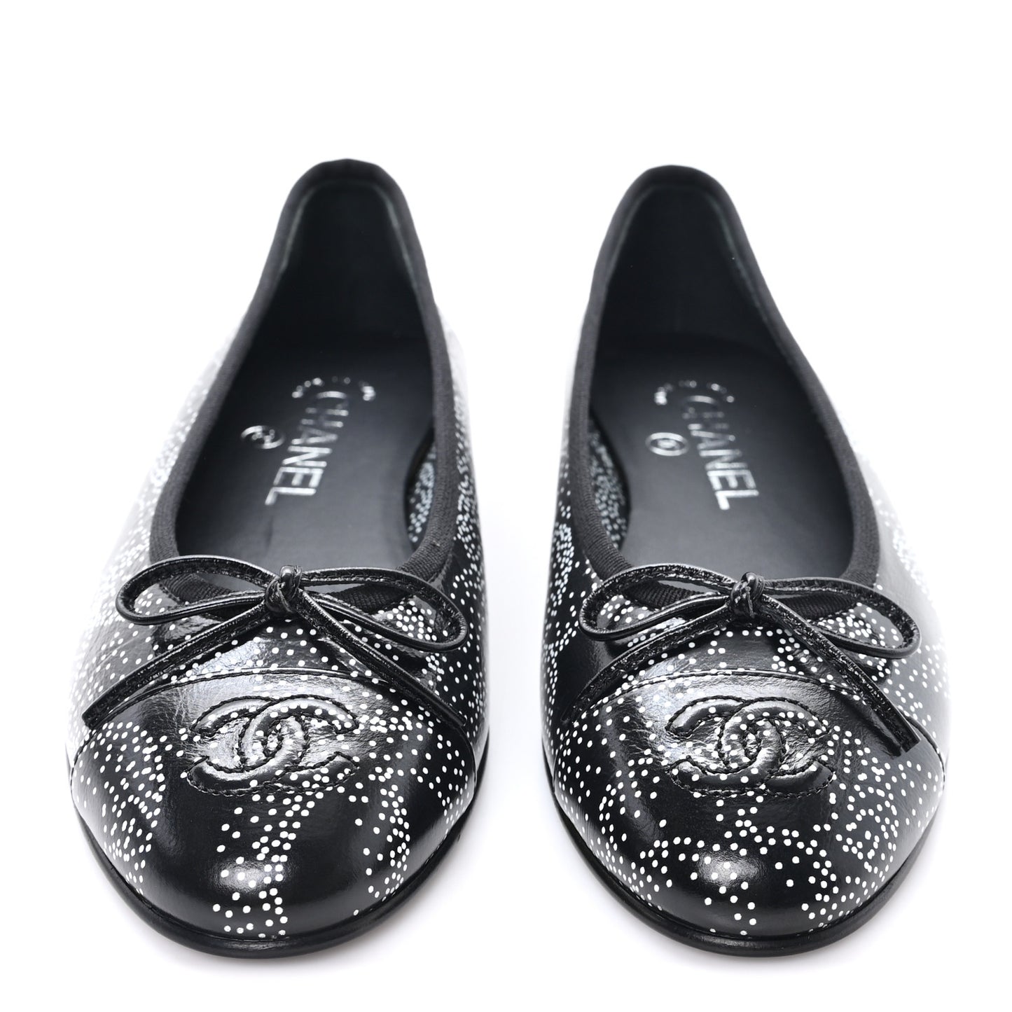 Calfskin Camellia Printed Cap Toe Ballerina Flats 36 Black White
