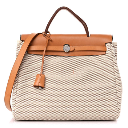 Hermes Toile Vache Calfskin Herbag 30 PM Black Natural 3 of 16