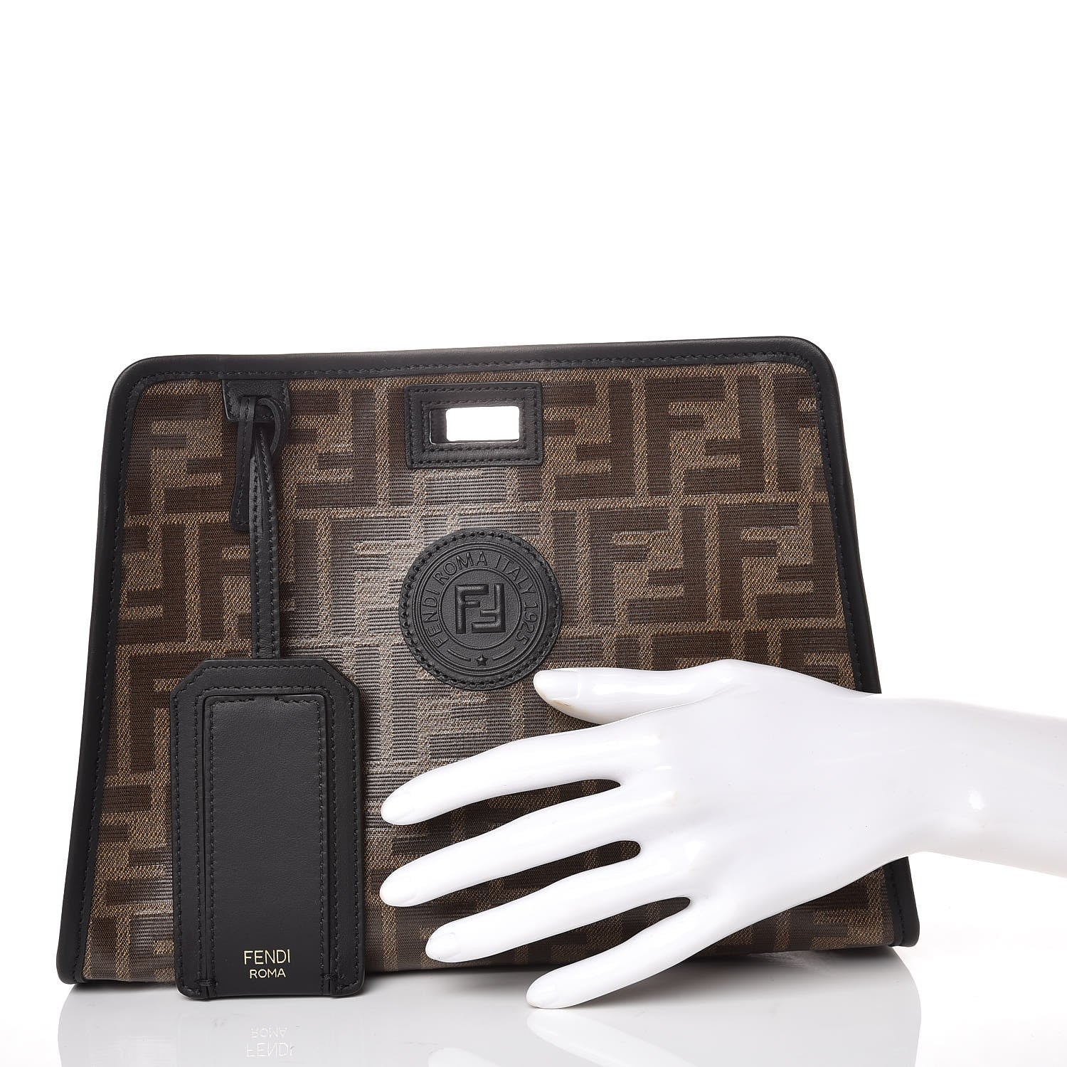 Fendi Glazed Fabric Vitello Century FF 1974 Stamp Patch Mini Peekaboo Defender Cover Mogano Panna Black 2 of 9