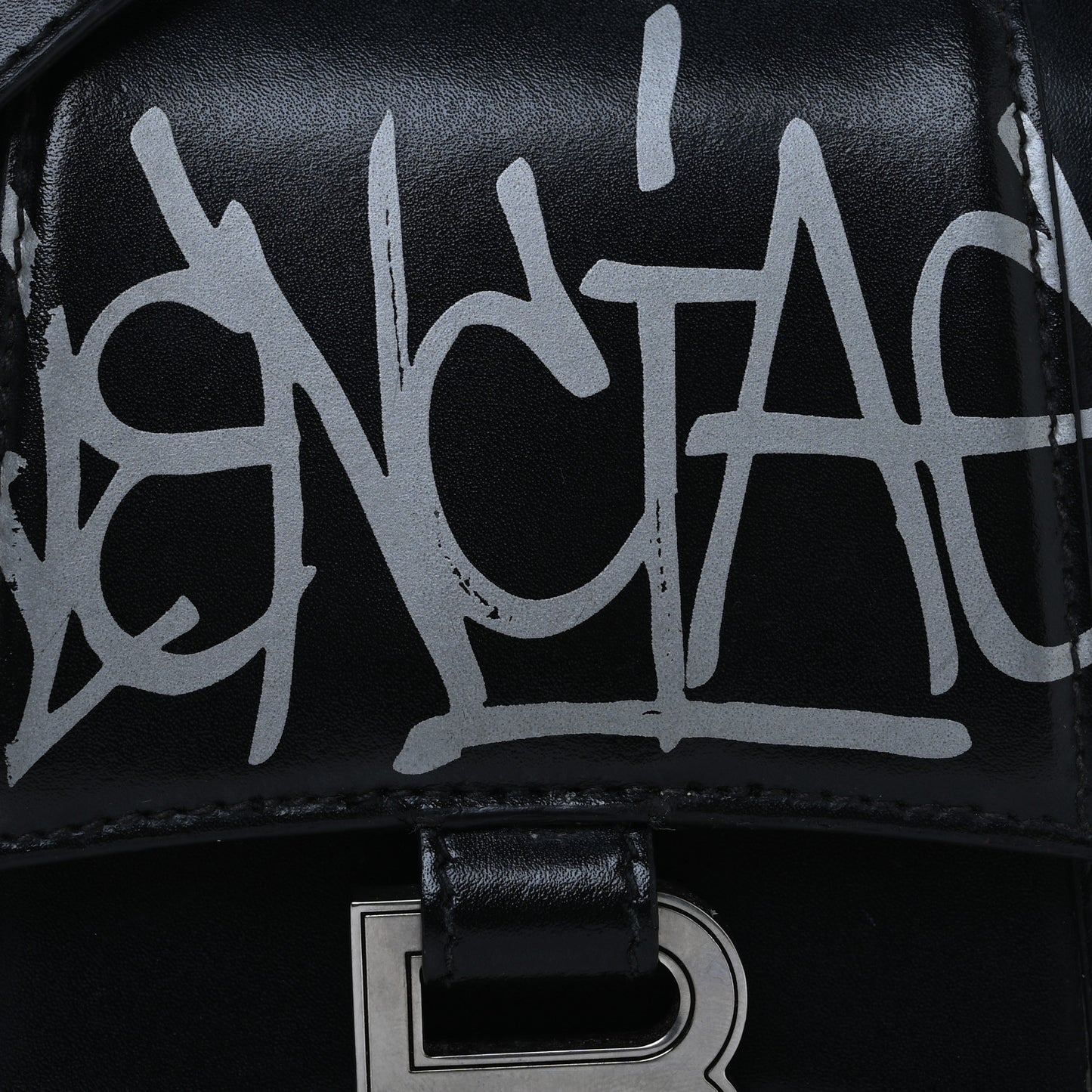 Box Calfskin Graffiti Logo Hourglass Top Handle Bag XS Black Silver