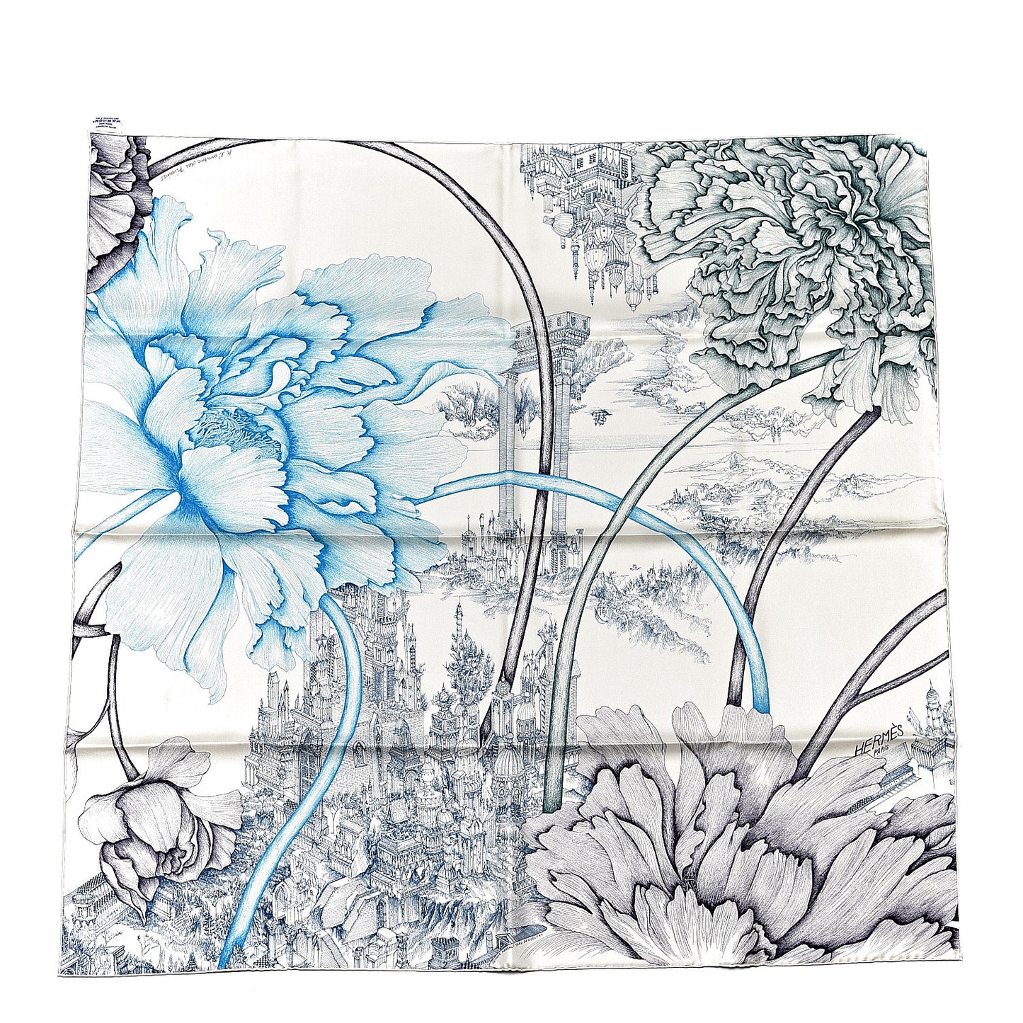 Silk A L'Ombre Des Pivoine Scarf 90 Ivory Turquoise Vert