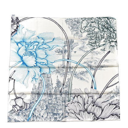 Hermes Silk A L'Ombre Des Pivoine Scarf 90 Ivory Turquoise Vert 1 of 4