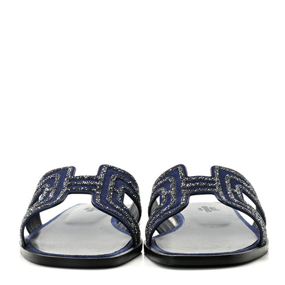 Hermes Suede Goatskin Crystal Oran Sandals 37 Bleu De Prusse Irisé 3 of 11