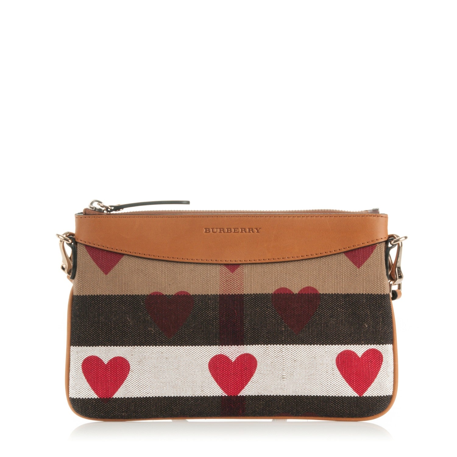 Burberry Mega Check Heart Print Peyton Crossbody Clutch Bag Tan 1 of 9