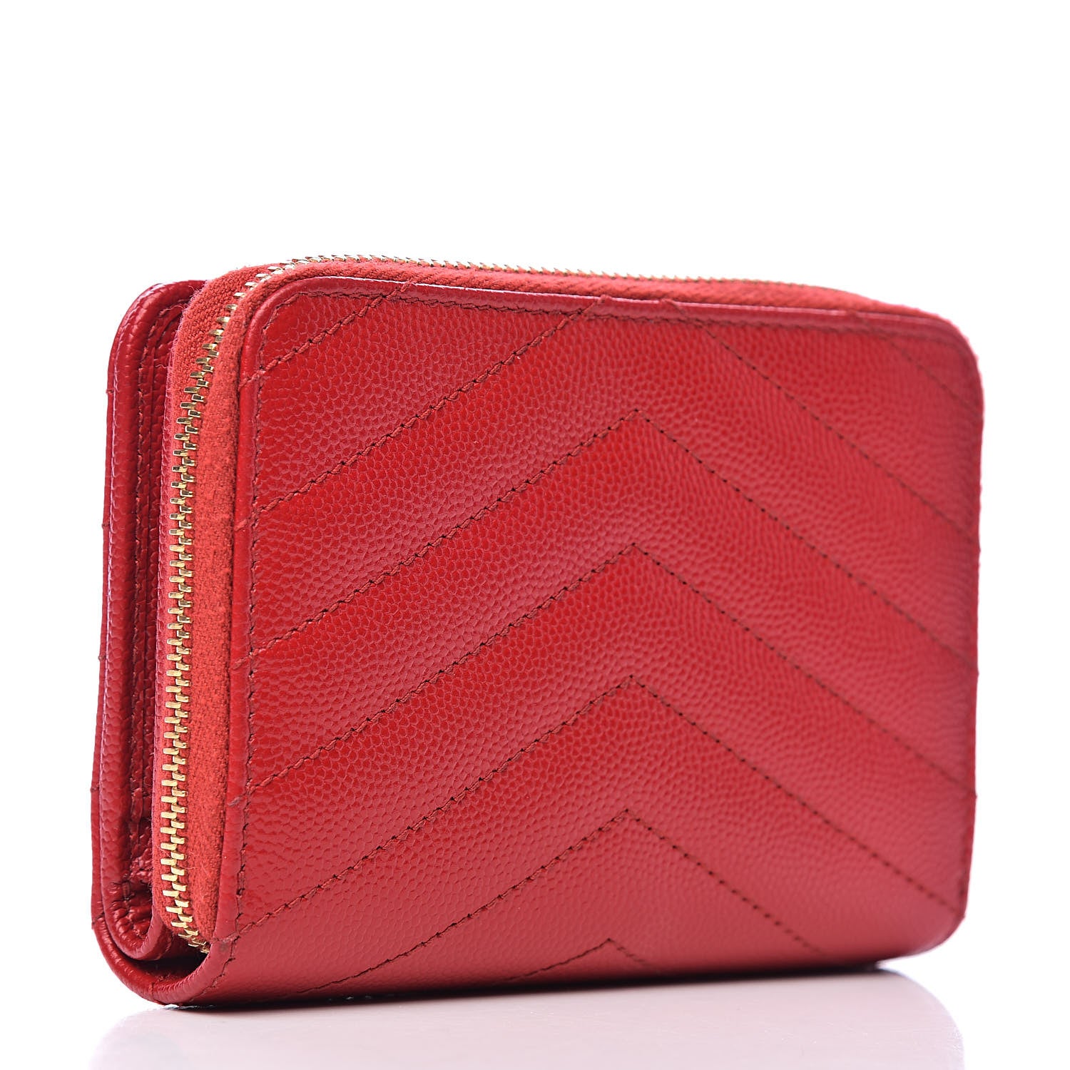 Saint Laurent Grain De Poudre Matelasse Chevron Monogram Compact Zip Around Wallet Red 3 of 8