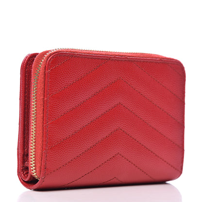 Saint Laurent Grain De Poudre Matelasse Chevron Monogram Compact Zip Around Wallet Red 3 of 8