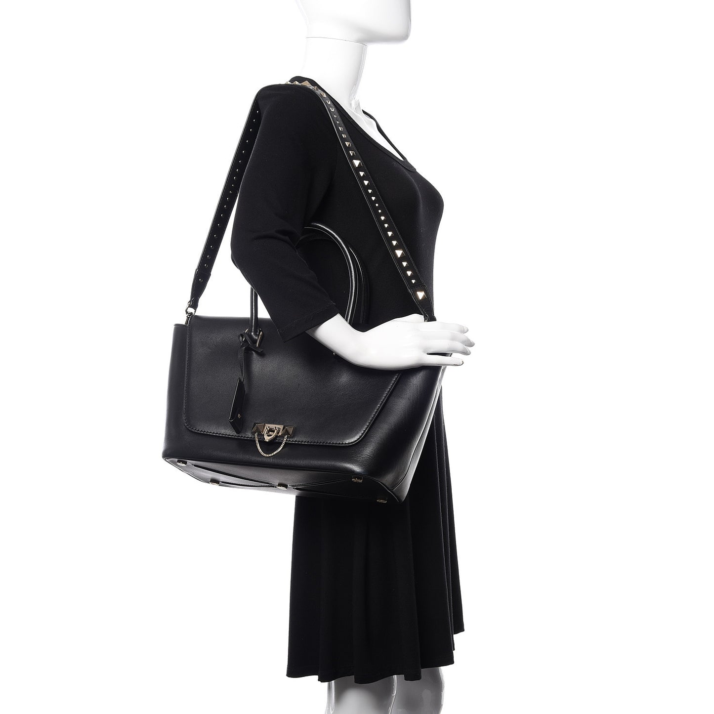 Calfskin Rockstud Medium Demilune Double Handle Satchel Black