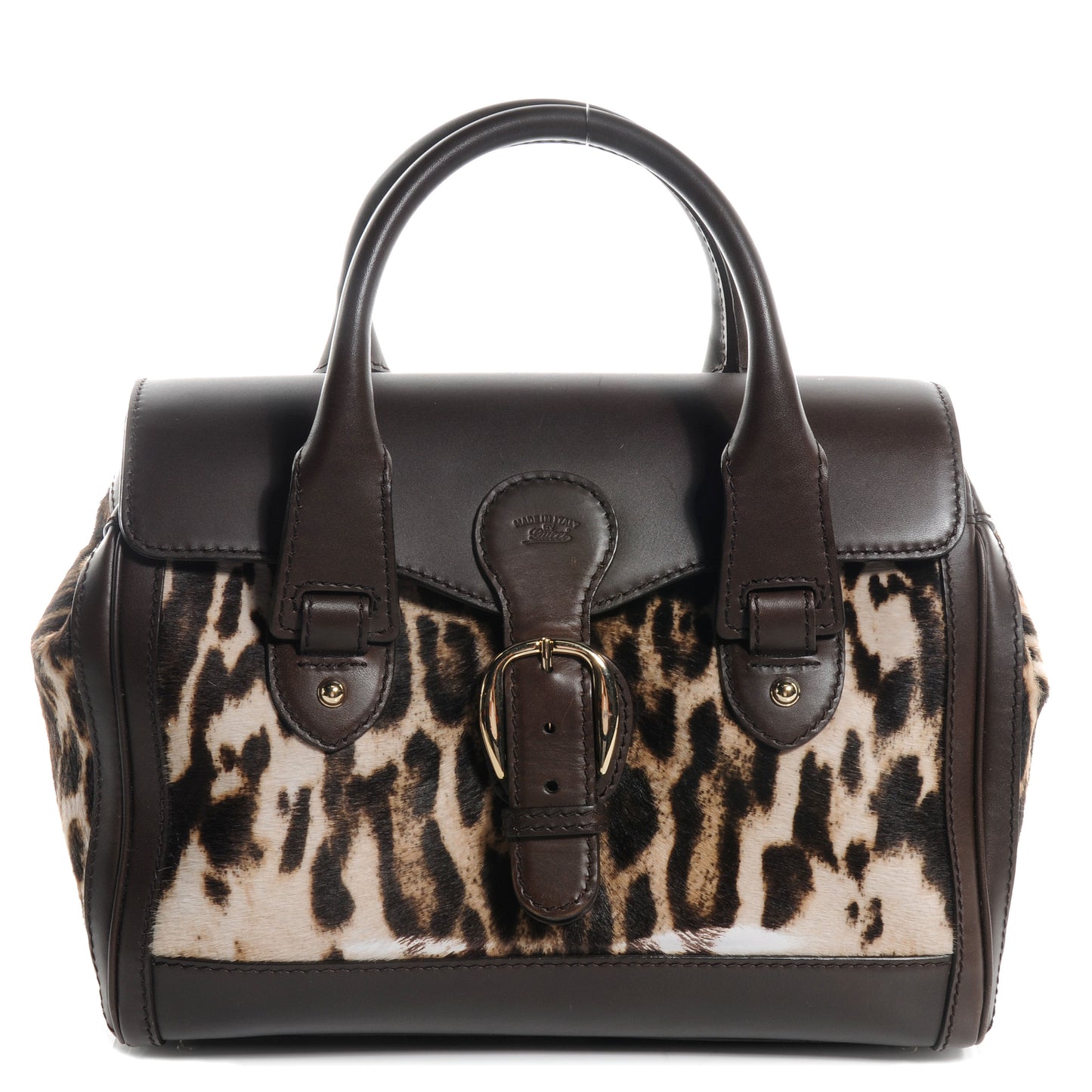 Pony Hair Leopard Print Medium Heritage Boston Bag Brown