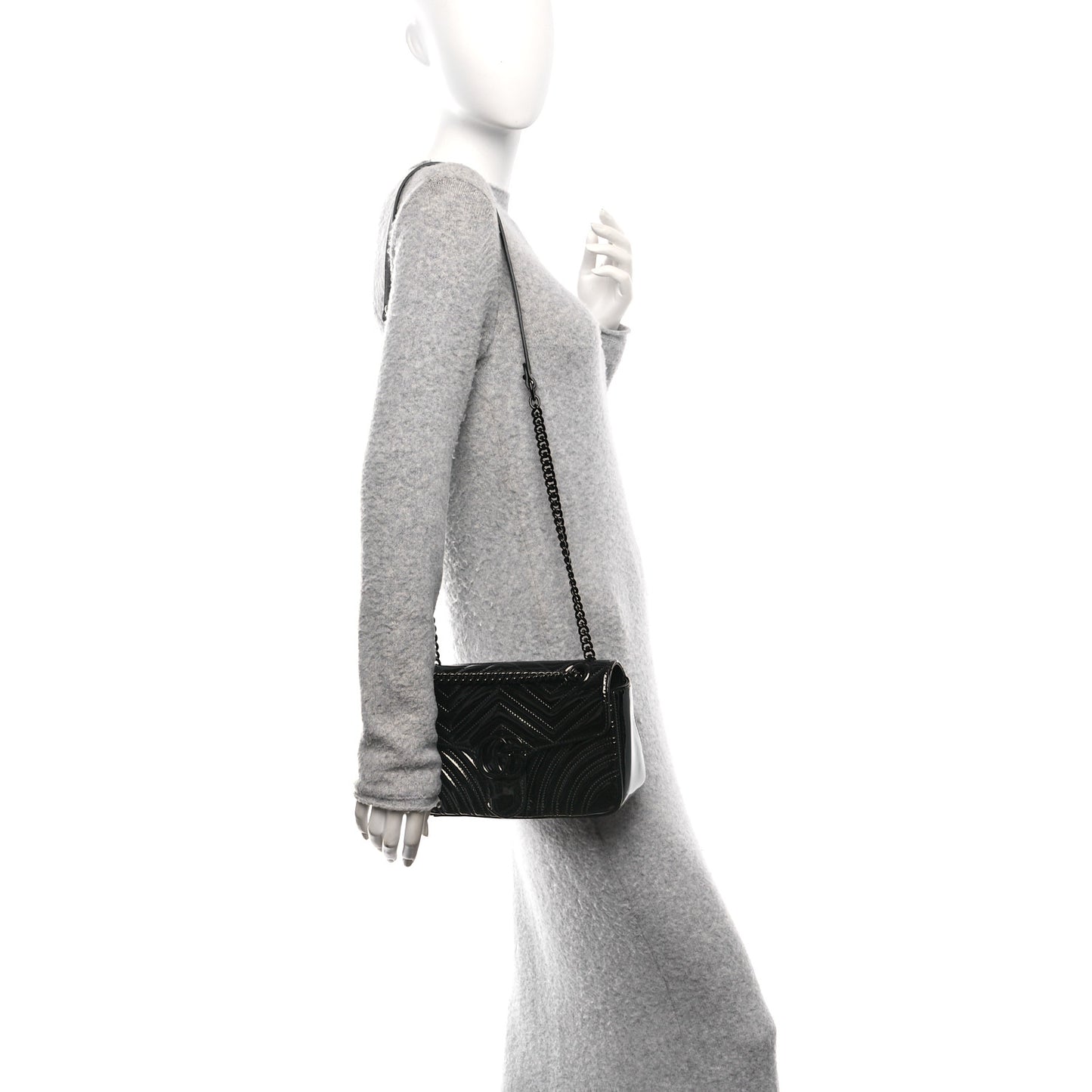 Patent Calfskin Matelasse Monochrome Small GG Marmont Shoulder Bag Black
