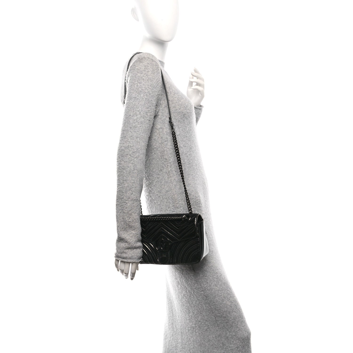 Gucci Patent Calfskin Matelasse Monochrome Small GG Marmont Shoulder Bag Black 2 of 10
