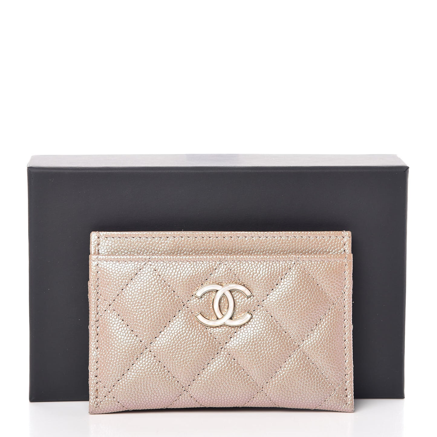 Iridescent Caviar Quilted Card Holder Beige
