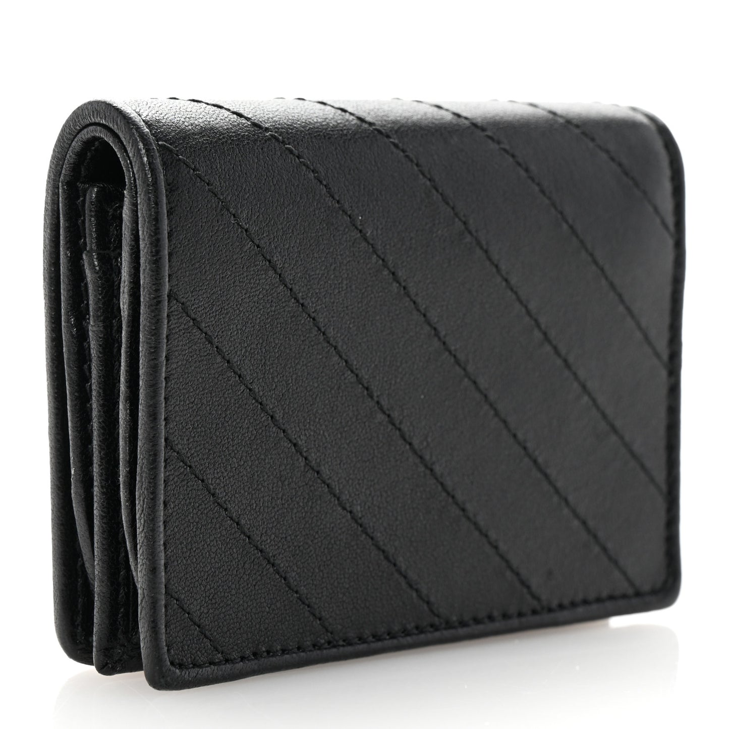 Sakai Be Green Calfskin Diagonal Stitched Blondie Card Case Wallet Black