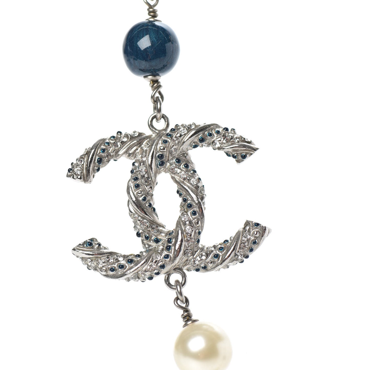 Pearl Bead CC Long Necklace Blue Silver