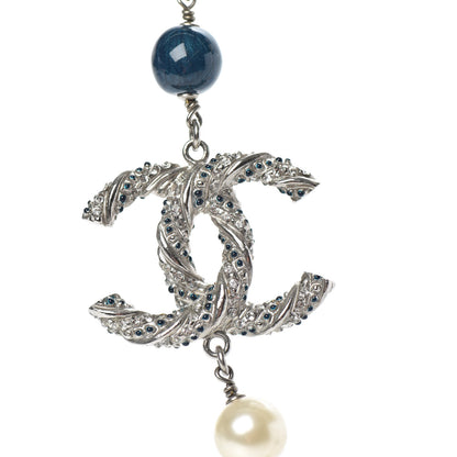 Chanel Pearl Bead CC Long Necklace Blue Silver 6 of 6