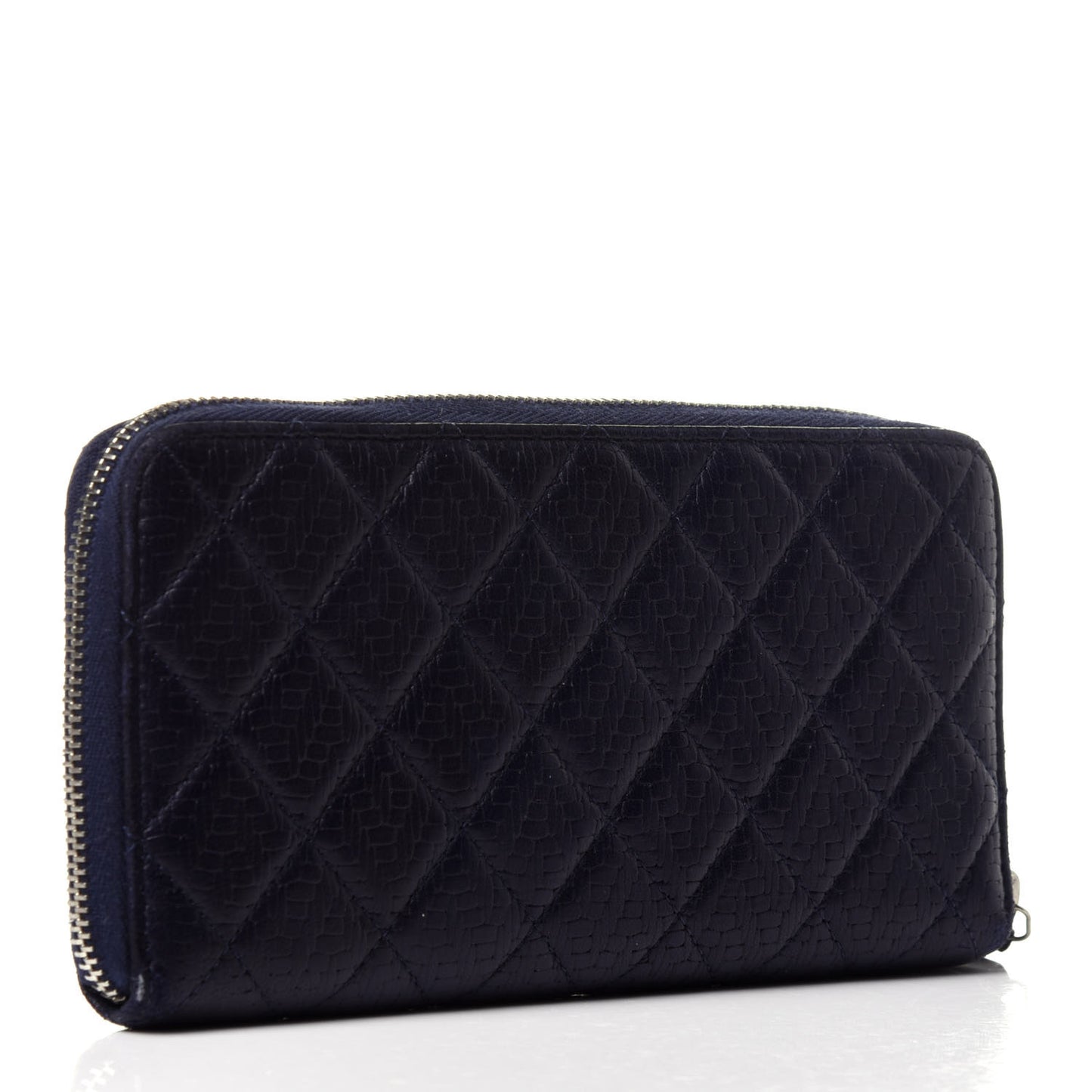 Woven Lambskin Quilted Large Zip Around Wallet Navy