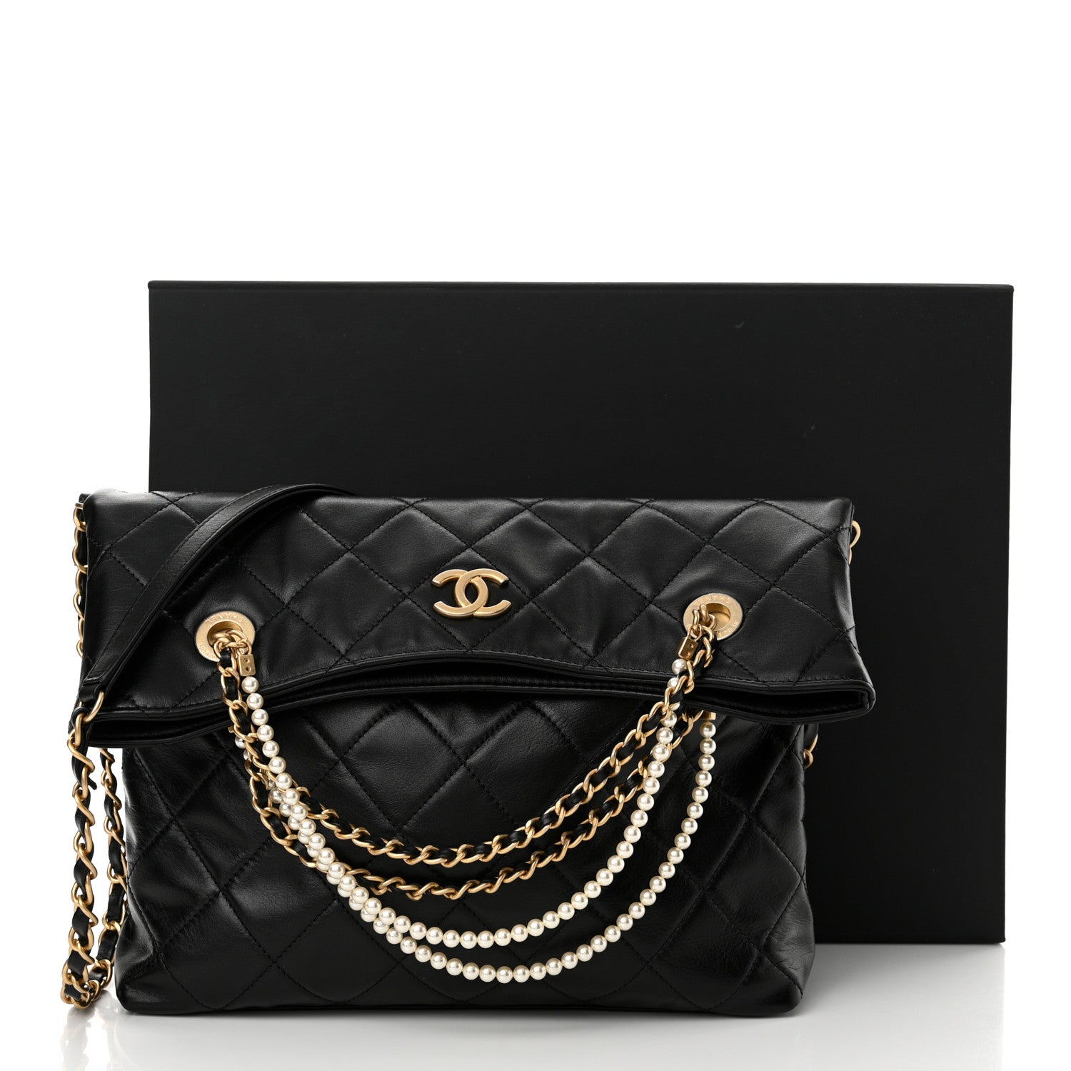 Chanel Calfskin Quilted Crystal Pearls Fold Over Shopping Tote Black 11 of 11